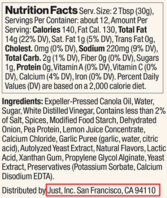 JUST Ranch Ingredients & Nutrition Facts: